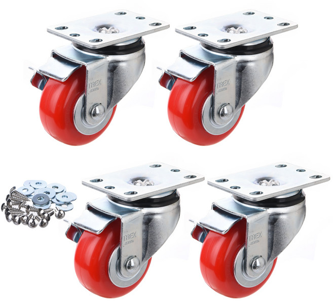 T-REX CASTER 78mm 旋轉煞車PU腳輪 P503S-2B 紅色 4入 + 華司 + 十字螺絲, 1套