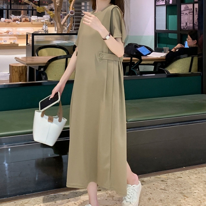 Andaromi 寬鬆腰身短袖連身裙, 卡其色