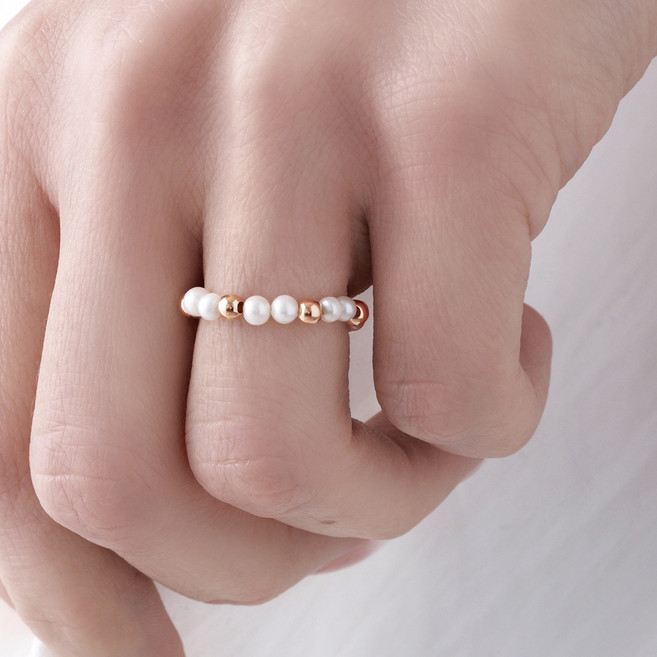 SEMI JEWELRY 女款 14k 點綴淡水珍珠串珠戒指 + 購物袋