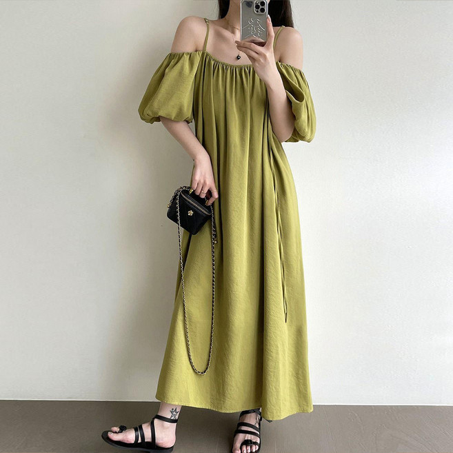 Elsso 露肩細肩帶大泡泡袖度假洋裝, 綠色