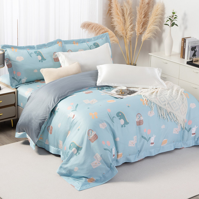 Betrise 貝翠絲 60支 300織紗 100%天絲 單人(107 x 188cm) 寢具3件組 天絲授權吊牌 頂級植萃系列 銀離子抗菌 呆萌恐龍 床包 + 兩用被套 AB版 + 歐框枕套 AB版