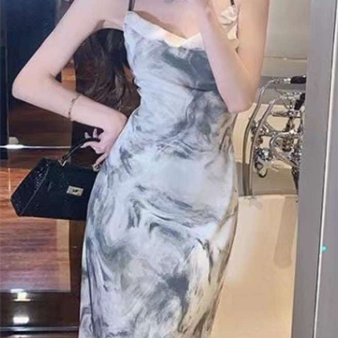 TheSirup 女性大理石紋優雅沙灘連身裙, 白色