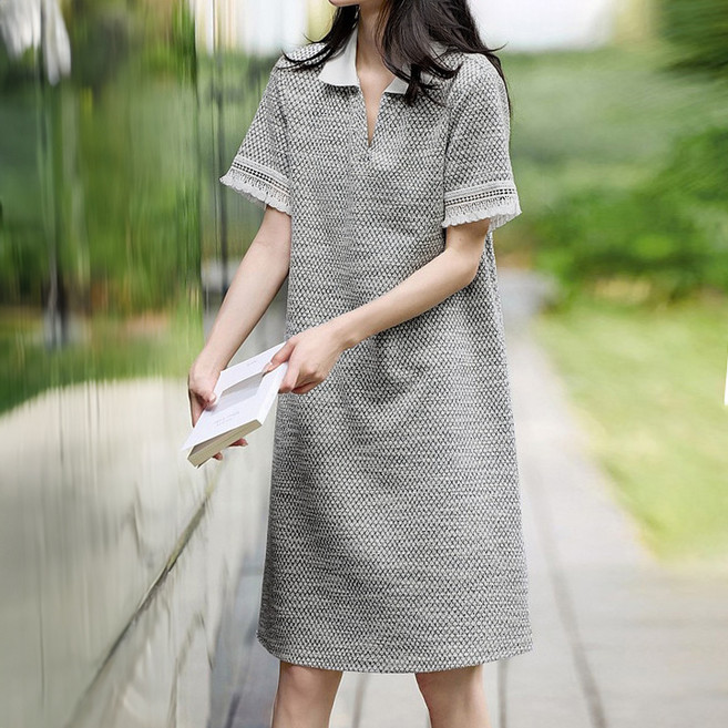 Queenis 女款撞色翻領蕾絲袖針織粗花呢短袖連身裙