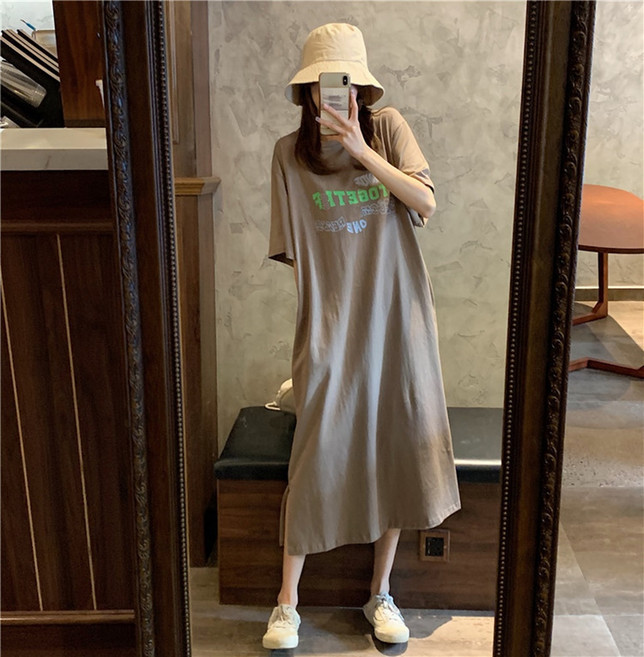 PEONIST 女款寬鬆版型短袖長版連身裙 含大尺碼, 卡其色