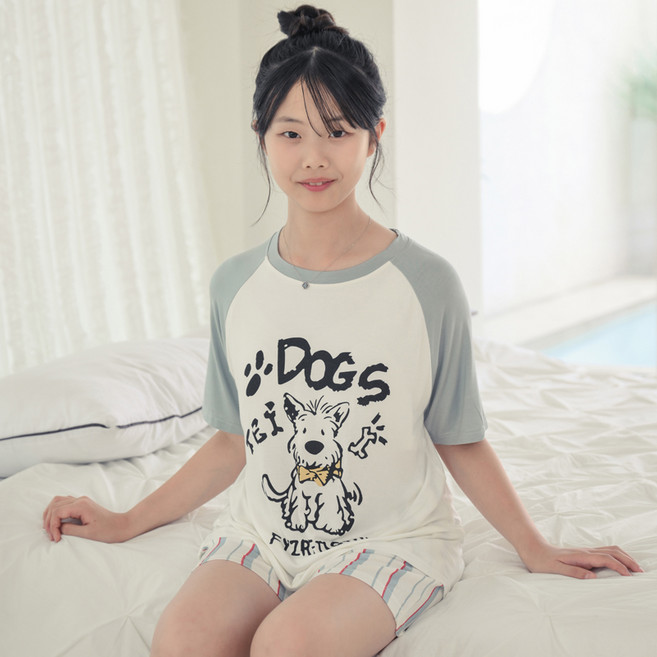 CocoDream 青少年學生 狗腳印 高級莫代爾 內附胸墊 短袖 短褲 居家服套裝
