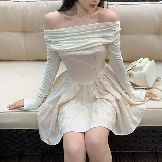Goodif 女款芭蕾風露肩抓皺傘狀連身裙, 杏色