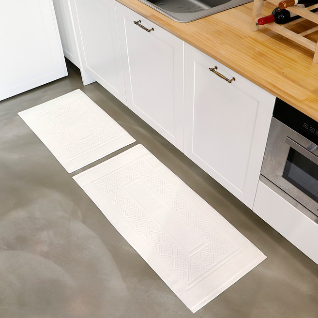 AMENITY TOWEL 經典北歐飯店廚房墊 42 x 95 cm + 浴室腳踏墊 42 x 65 cm 套組, 白色, 1套