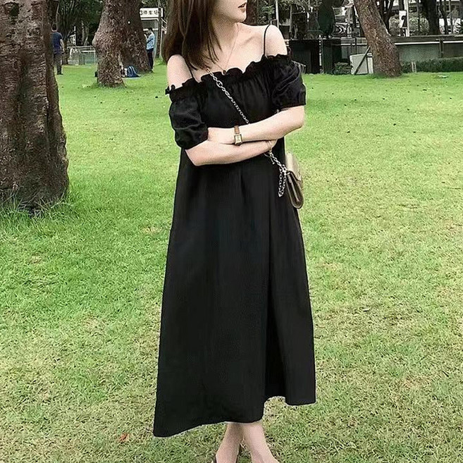 elsso. 露肩細肩帶寬鬆連身裙, 黑色