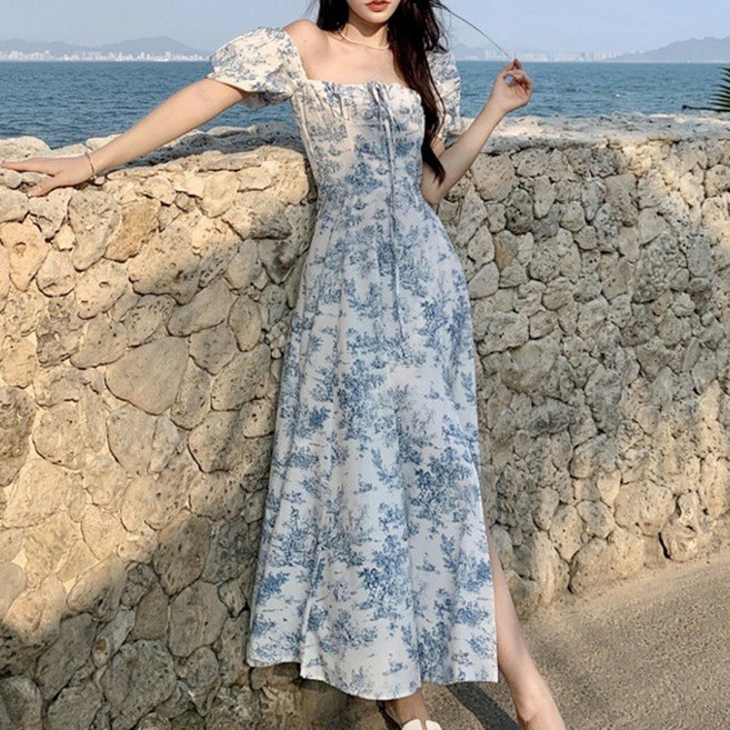 I'M MONG 女款Poriteu露肩側開衩度假風長版連身裙, 藍色