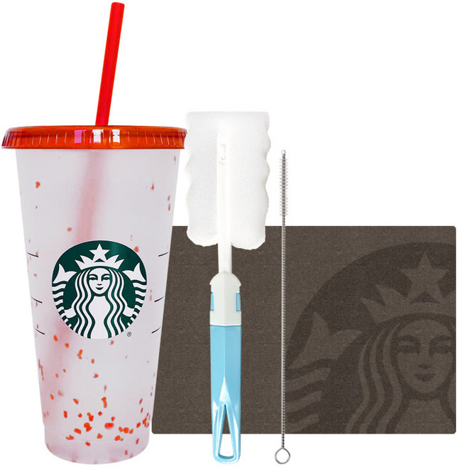 STARBUCKS 星巴克 夏日五彩紙屑變色可重複使用冷飲杯 + 清潔刷禮盒組, 紅色(冷飲杯), 隨機出貨(清潔刷), 710ml, 1個
