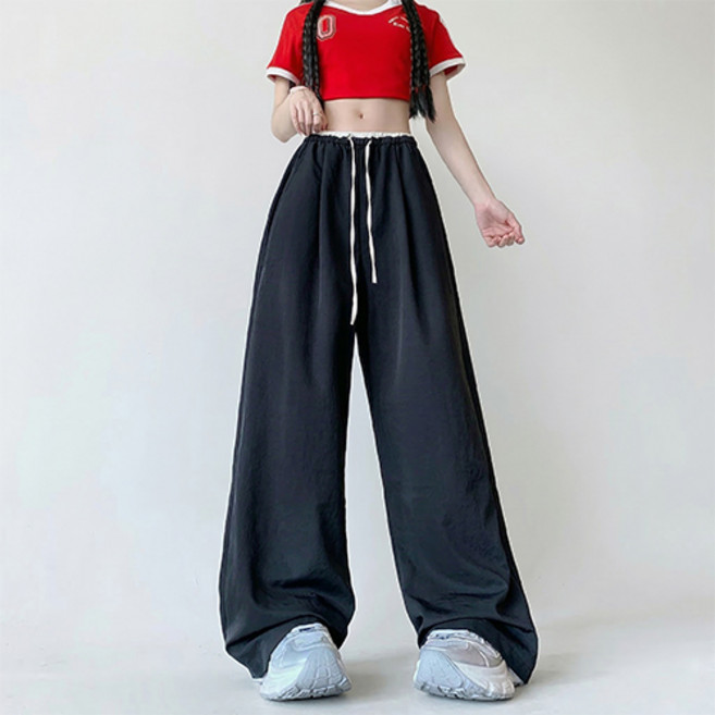 I CAN SIMPLE 女款鬆緊帶撞色抽繩寬版涼感長褲