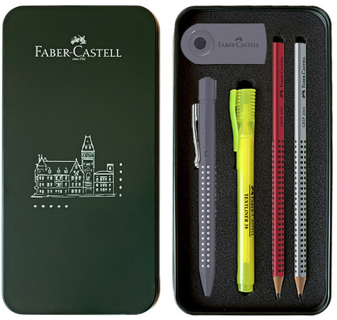 FABER-CASTELL 輝柏 Grip 原子筆文具禮盒組 深灰色, 1組, 深灰色(圓珠筆)+隨機出貨(鉛筆+38號螢光筆+橡皮擦)