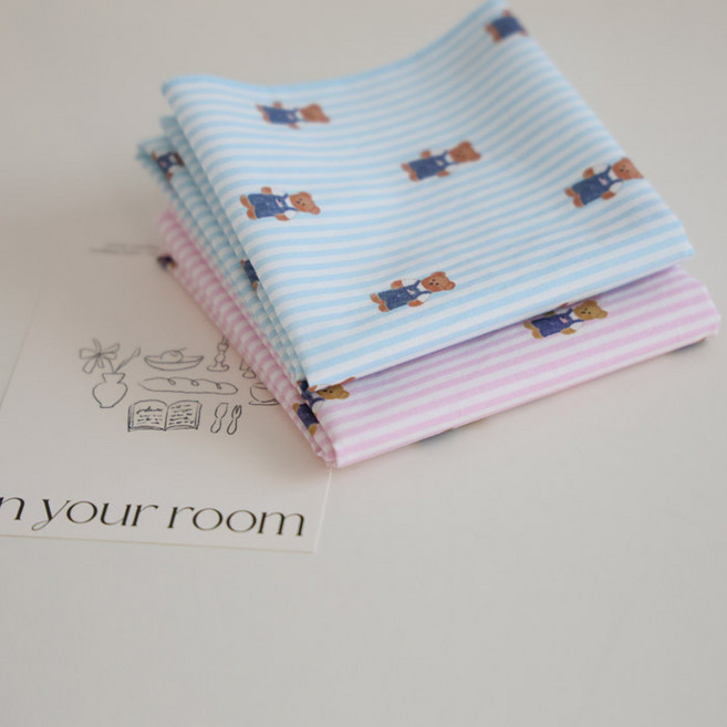 MAISONTEXTILE 女用100%純棉60支紗線條小熊手帕2件組