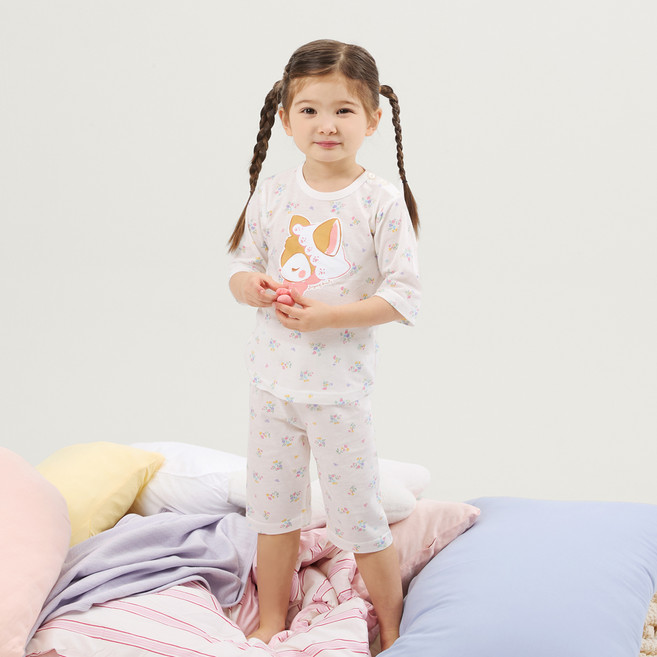 olomimi 兒童透氣可愛有機緹花七分袖家居服套裝