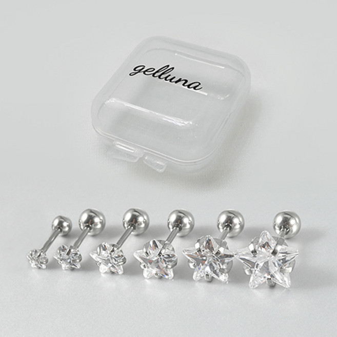 gelluna 女性用醫療鋼白色星形方晶鋯石穿刺耳環6件+收納盒組 P-271