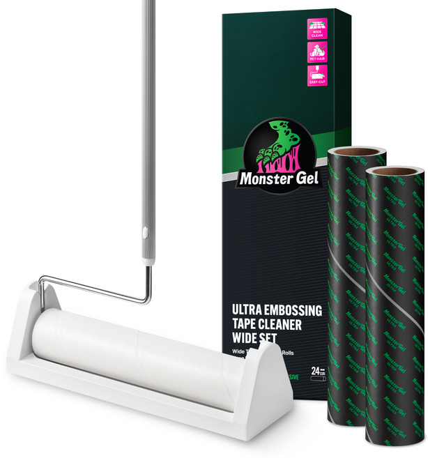 Monster Gel 超強力寬版斜切滾筒除塵黏把 + 可調節長度長柄 + 收納座 + 2入補充包組合, 1套