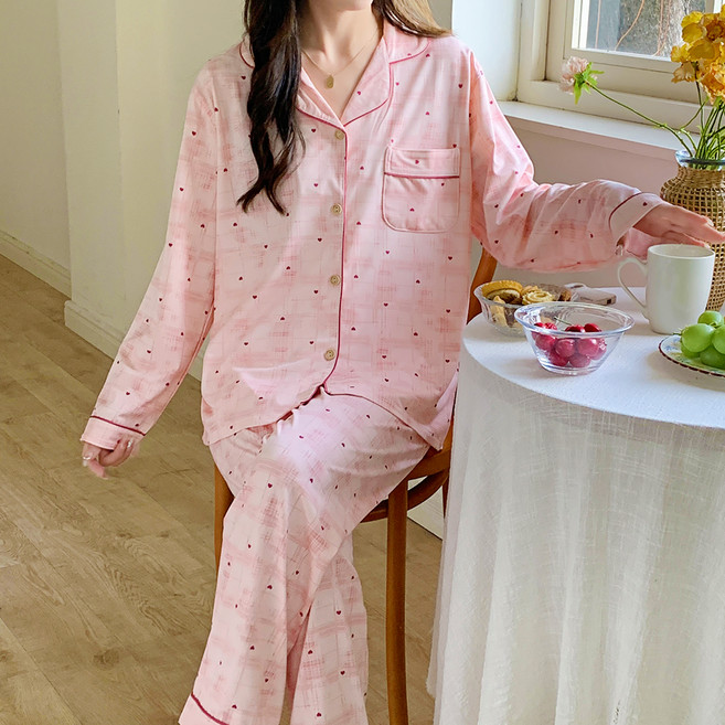 Anna&Co 女款細格紋圖案長袖睡衣家居服上下套裝