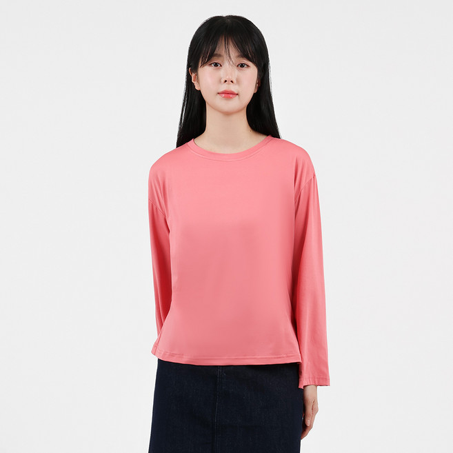 Elsso 女款光滑彈性圓領寬鬆基本款內搭長袖T恤