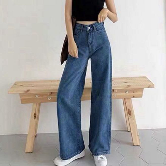 PEONIST 女款時尚直筒高腰寬版牛仔褲