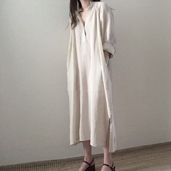 Goodif 女款飄逸V領長版連身裙, 卡其色