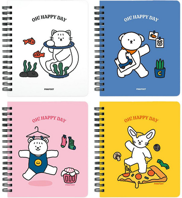 PINKFOOT OH! HAPPY DAY 小不點左翻線圈筆記本, OH! HAPPY DAY 多色, 4本