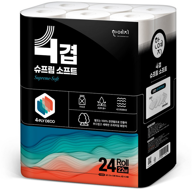 Hanyeji 4層 Supreme Soft 天然紙漿 高級捲筒衛生紙, 22m, 24捲, 1個
