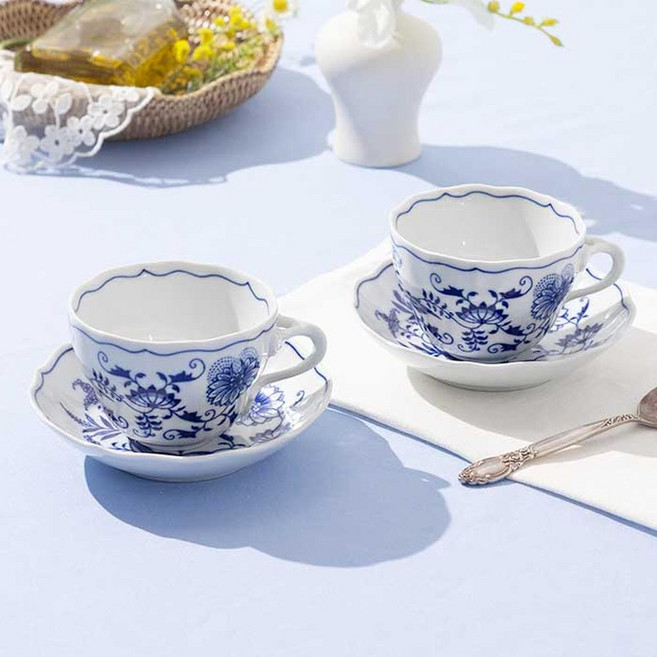 CESKY PORCELAN 藍洋蔥咖啡杯盤2入組, 1組, 白色