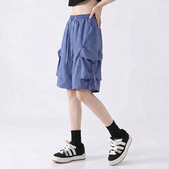 女款夏季日常寬鬆工裝口袋鬆緊帶五分短褲