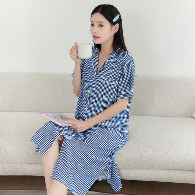 GLAM GONGGAM 女款柔軟襯衫式夏季短袖鈕扣連身睡裙