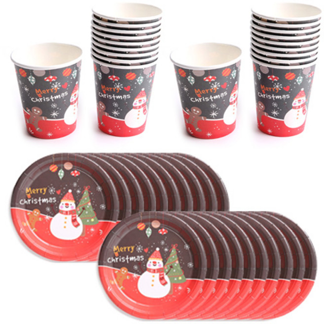 PARTYHAE 聖誕節雪人派對盤 18cm x 20入 + 派對杯 8.5cm x 20入, 1套