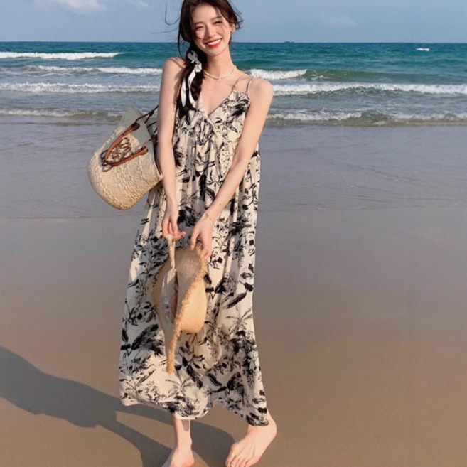 PEONIST V領海灘葉子圖案無袖長版連身裙, 白色