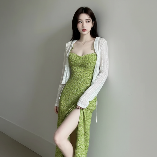 Goodif 女款花卉修身抓皺抽繩開衩吊帶長洋裝