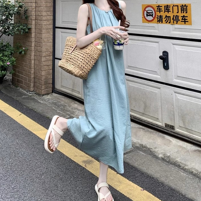 Goodif 女款度假風極簡背心連身裙, 綠藍色