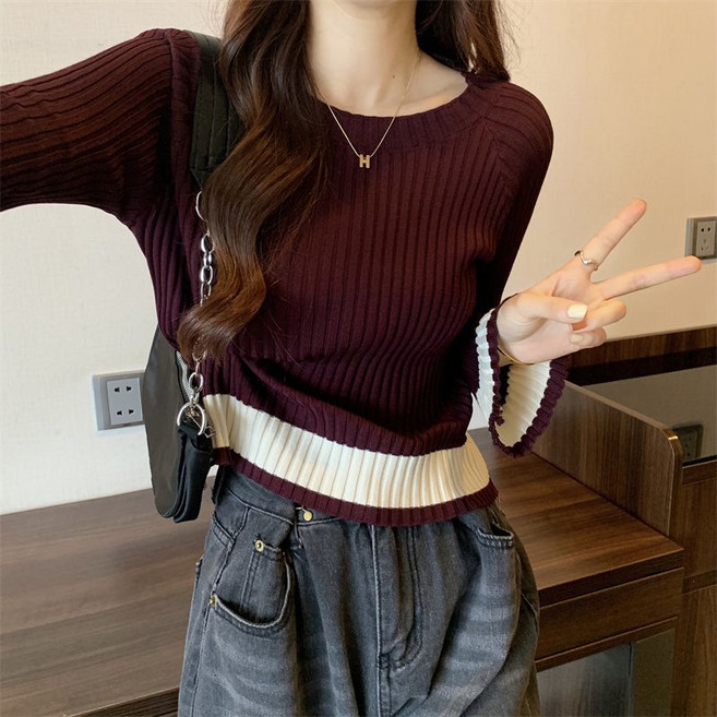 PEONIST 女款羅紋撞色圓領針織衫