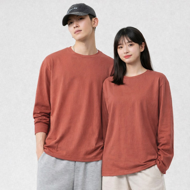 UNHEVE 男女通用素色長袖T恤, 05 磚紅色