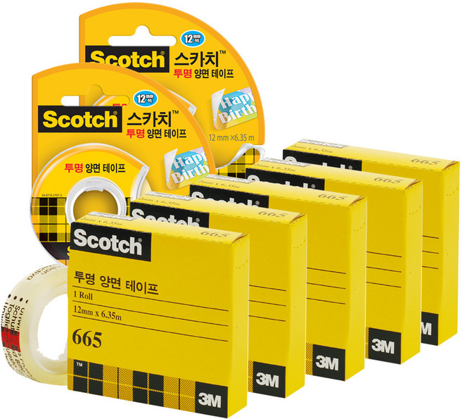 3M Scotch 透明雙面膠帶+膠帶台 12mm*6.35m 2入+雙面膠帶補充包 665R 12mm*6.35m 5入, 混合色, 1套