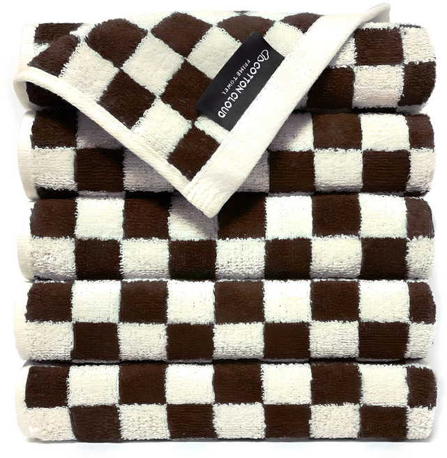 Cotton Cloud 棋盤格雙向毛巾 150g 棕色+白色 5入, 5個