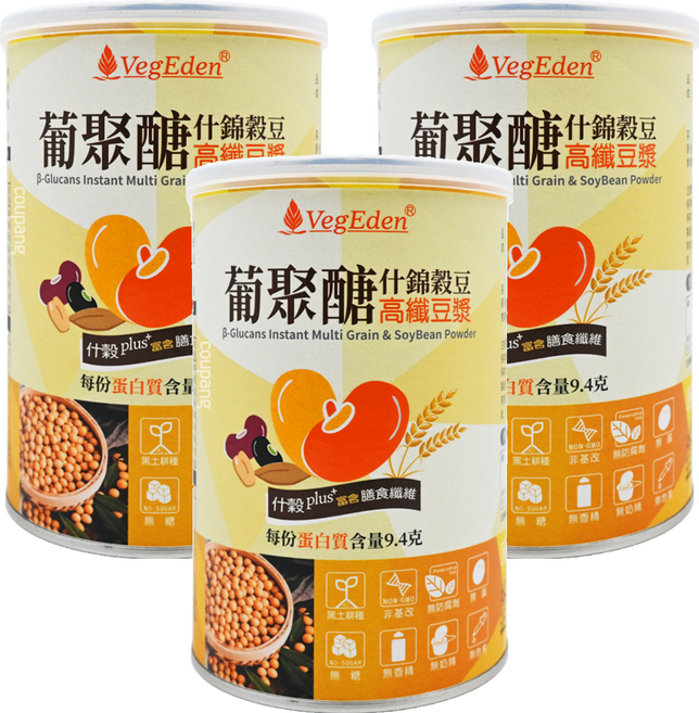 VegEden 蔬食伊甸園 葡聚糖什錦穀豆高纖豆漿, 350g, 3罐