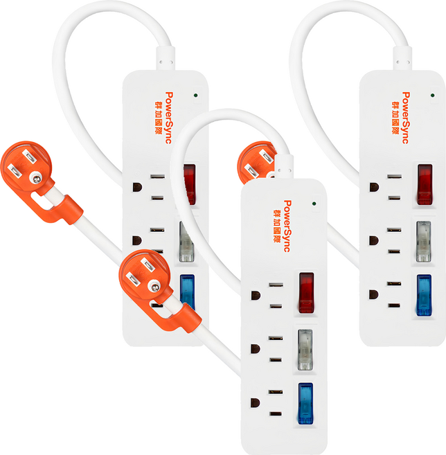 PowerSync 群加 3開彩色開關防雷擊延長線 3孔 TS3C9012, 1.2m, 3條, 白色