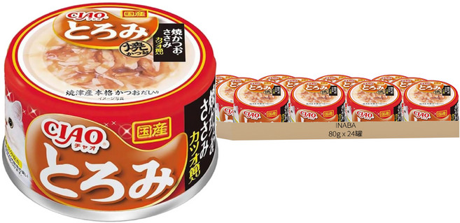 INABA CIAO 啾嚕 多樂米濃湯罐, 80g, 鰹魚燒 + 雞肉 + 柴魚片, 24罐