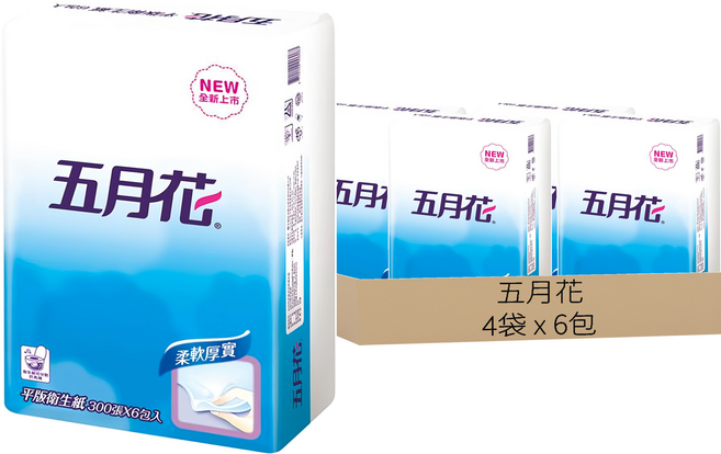 五月花 平版衛生紙 單層 300抽, 6包, 4袋