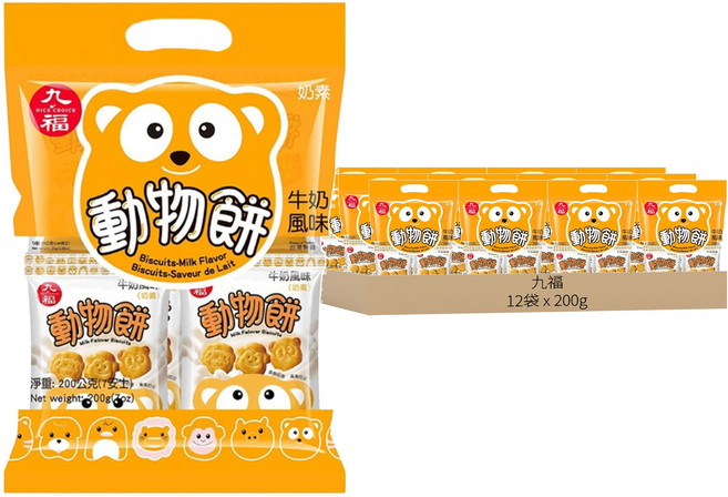 九福 動物造型餅乾 牛奶, 200g, 12袋