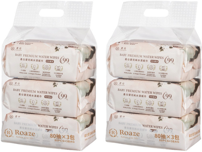 Roaze 柔仕 嬰兒純水濕紙巾 80張, 633g, 240張, 2袋