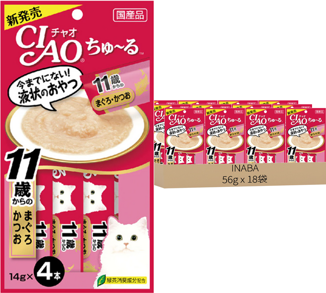 INABA CIAO 啾嚕 肉泥 11歲老貓用, 鮪魚 + 鰹魚, 56g, 18袋