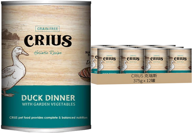 CRIUS 克瑞斯 無榖犬用主食餐罐, 低敏鴨肉, 375g, 12罐