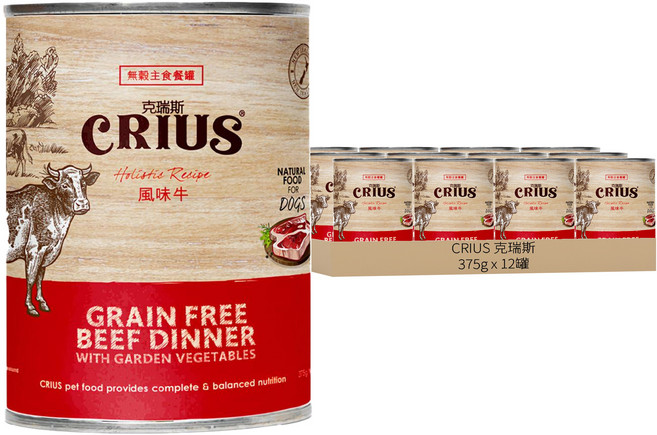 CRIUS 克瑞斯 無榖犬用主食餐罐, 風味牛, 375g, 12罐