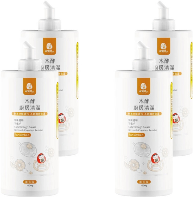 DAWOKO 木酢達人 廚房清潔補充瓶 天然木酢 溫和不刺激 快速分解油污, 1kg, 4瓶