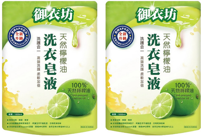 AKIRA 御衣坊 天然檸檬油洗衣皂液補充包, 1.8L, 2包