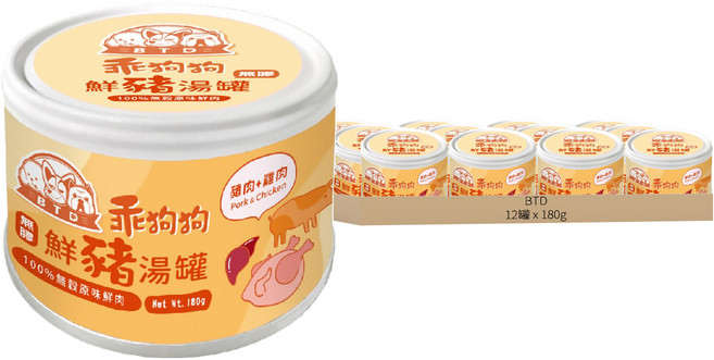 BTD 無膠鮮豬犬湯罐, 豬肉 + 雞肉, 180g, 12罐