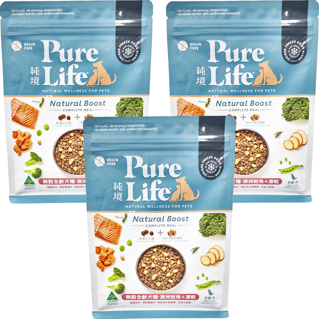 Pure Life 純境 全齡犬用 無穀糧, 澳洲鮭魚 + 凍乾, 300g, 3袋
